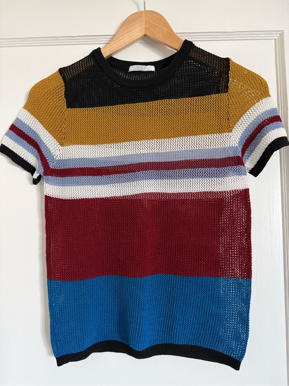Zara Multicolor Striped Open-Knit Crewneck Sweater